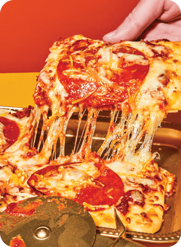 pepperoni pizza flat being pulled apart