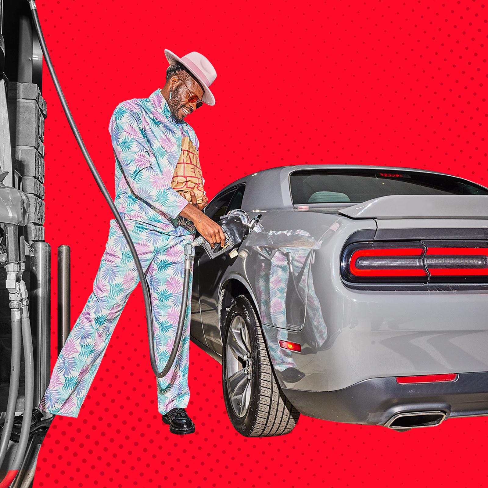 man pumping gas on a red background