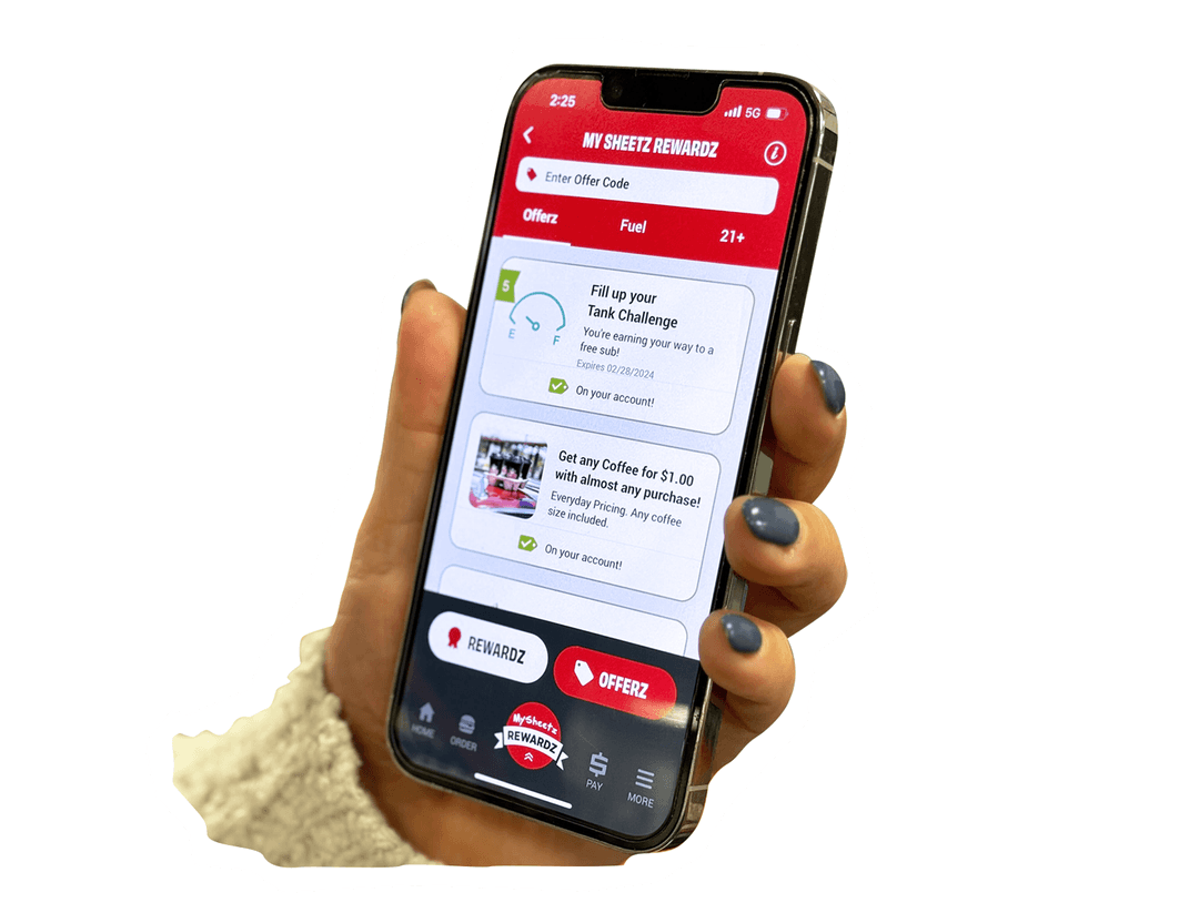 cutout of a hand holding an iphone displaying sheetz offerz